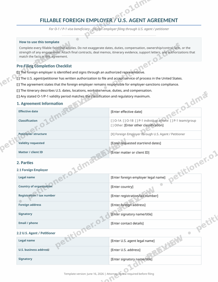 Watermarked first page of the Foreign-Employer U.S. Agent Agreement, the core cross-border template