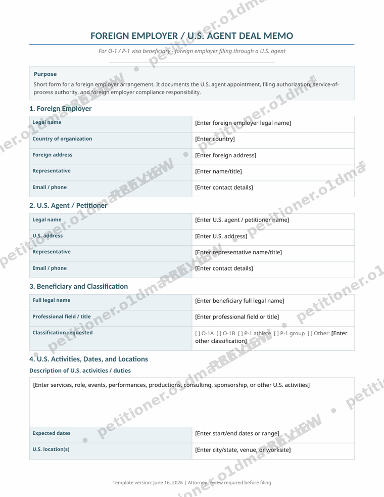 Watermarked first page of the Foreign-Employer U.S. Agent Deal Memo, the paired engagement document