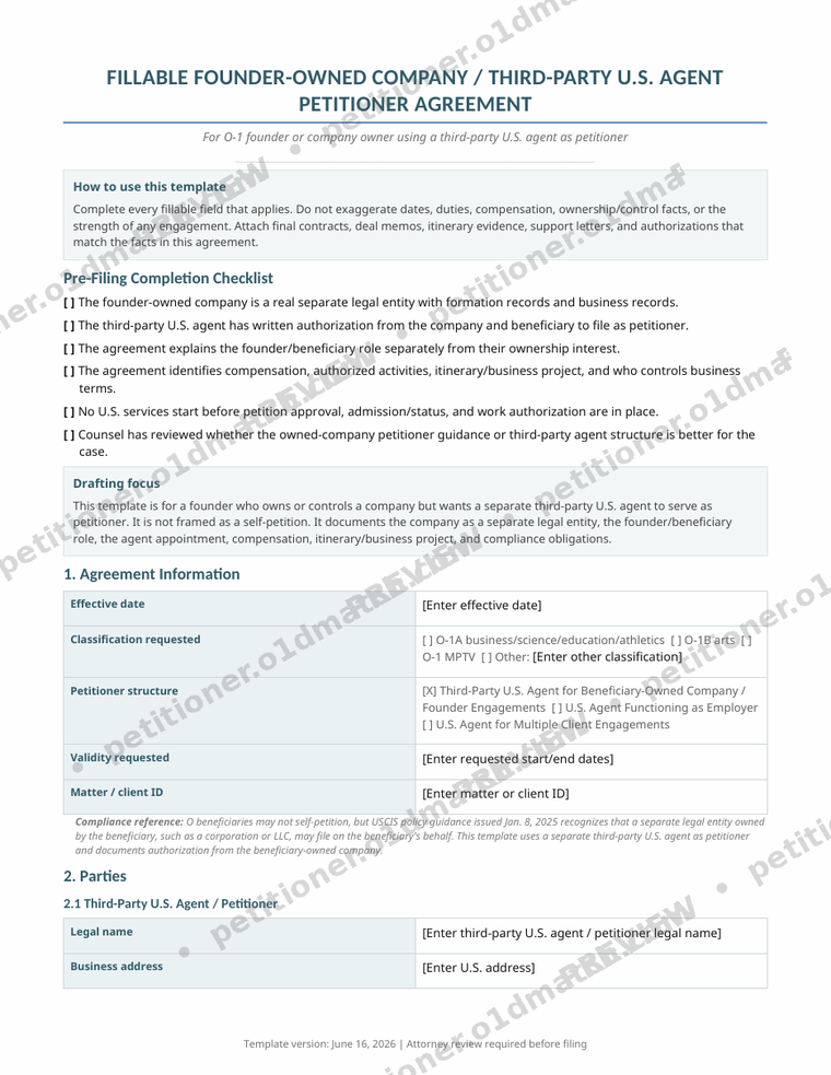 Watermarked preview page of the Founder-Owned-Company Third-Party-Agent O-1 Agreement included in the package