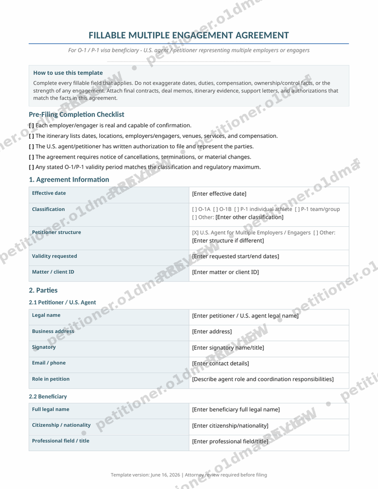 Watermarked preview page of the Multiple-Engagement Agreement included in the package